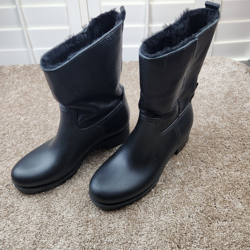 LK Bennett London Black Leather Rubber Faux Fur Lined Rain Boots EU 39 Italy